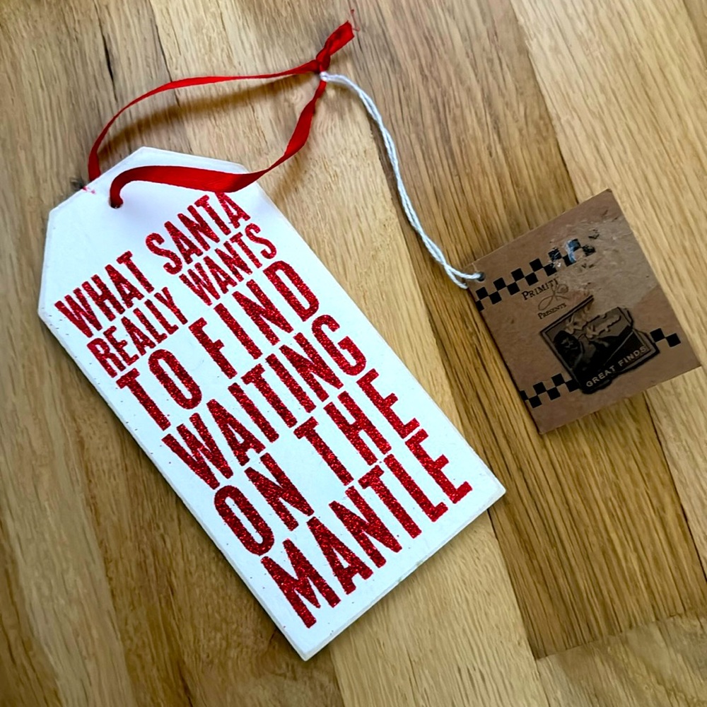 NWT wine gift tag Christmas wooden tag 6” long w/red ribbon & glitter